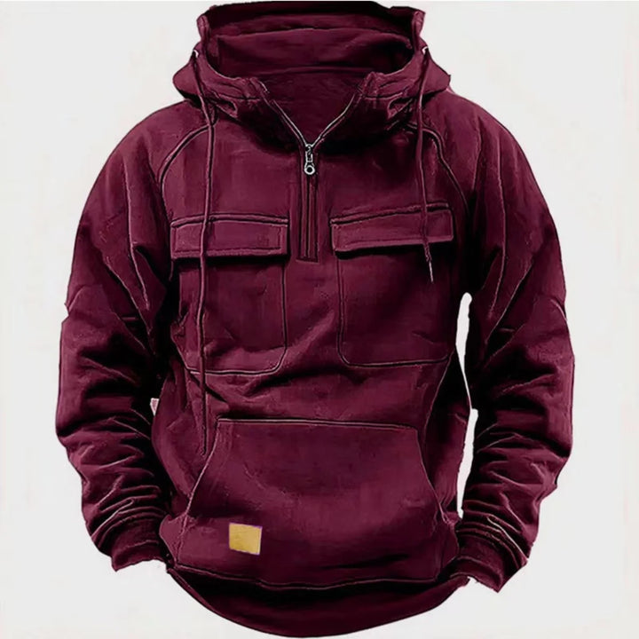 Burgundy quarter zip hoodie with dual flap pockets, front view