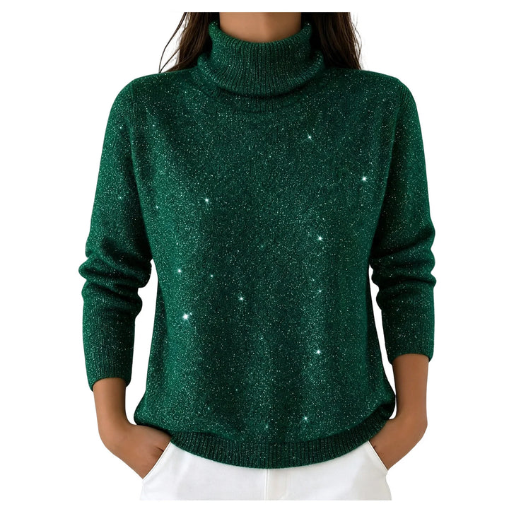 Woman wearing dark green sparkle knit turtleneck sweater