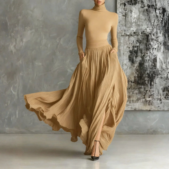 Camel turtleneck pleated maxi dress with side slit, front view