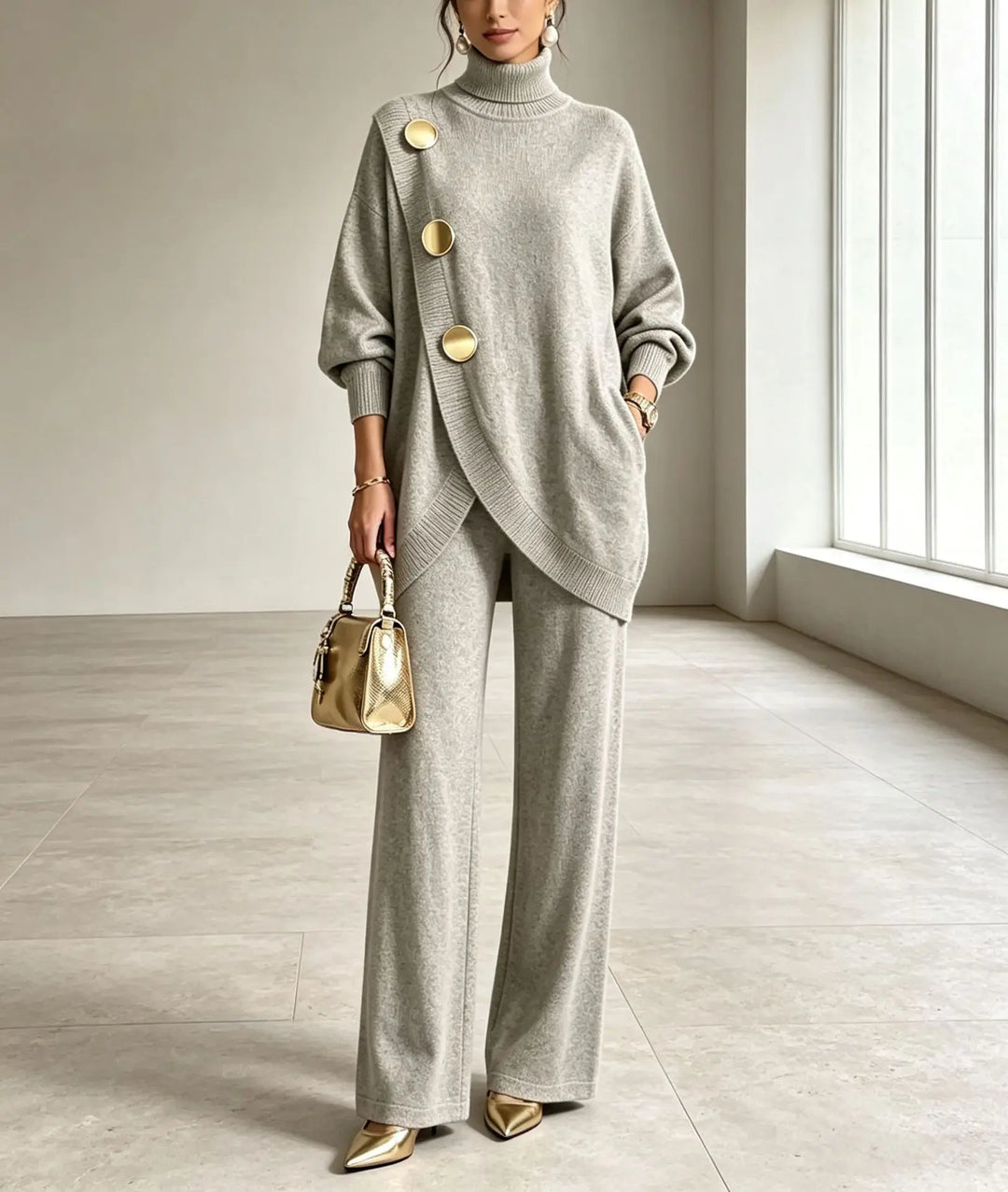 Light grey asymmetric wrap sweater and wide leg pants set, front view