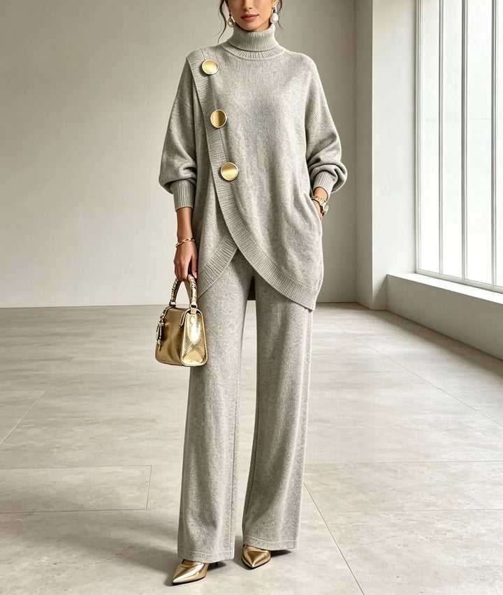 Light grey asymmetric wrap sweater and wide leg pants set, front view