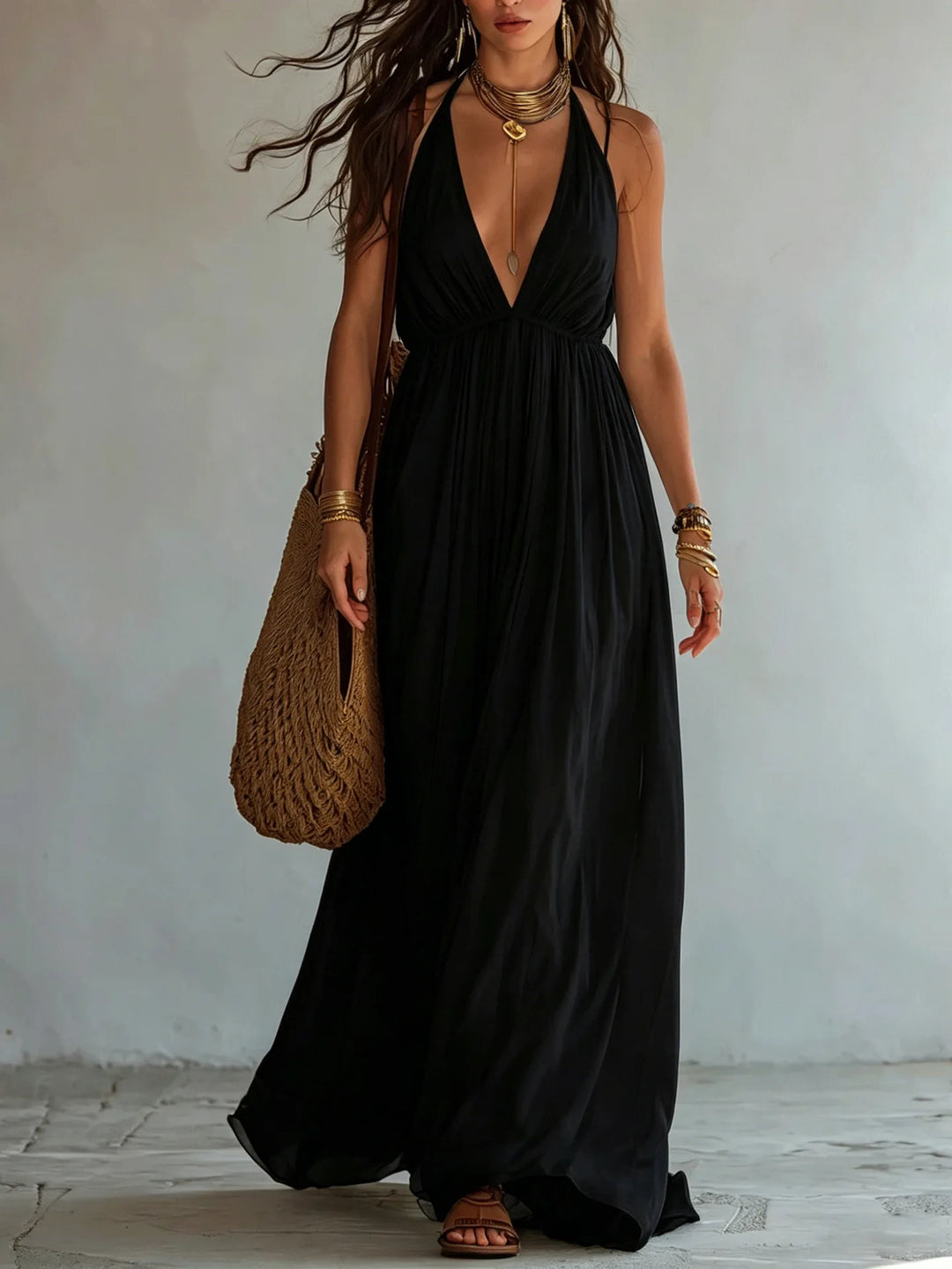 Evelina Deep V Neck Maxi Dress