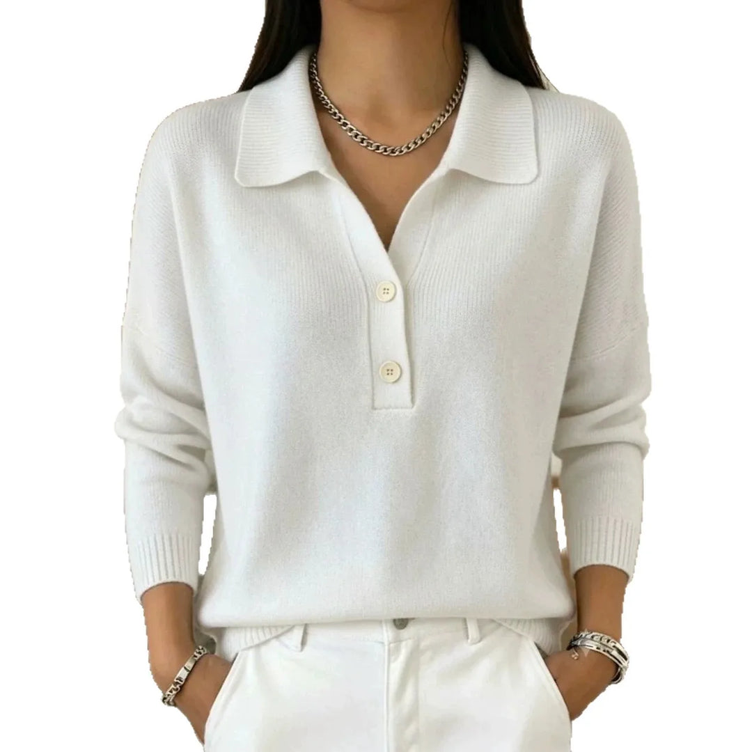 White knit polo sweater close up on model