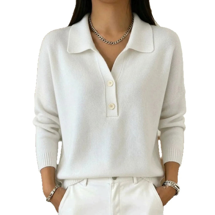 White knit polo sweater close up on model