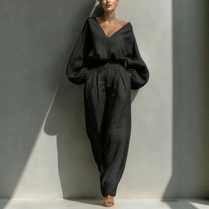Genevieve Casual Deep V Neck Linen Pants Set
