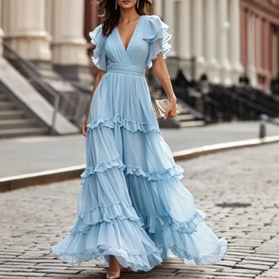 Light blue tiered ruffle maxi dress with V-neckline, front view