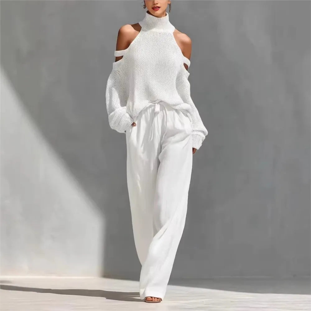 White cutout shoulder sweater and wide leg pant set, front view