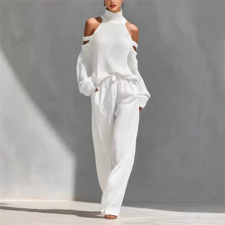White cutout shoulder sweater and wide leg pant set, front view