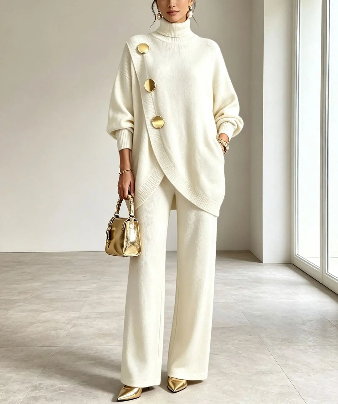White asymmetric wrap sweater and wide leg pants set, front view