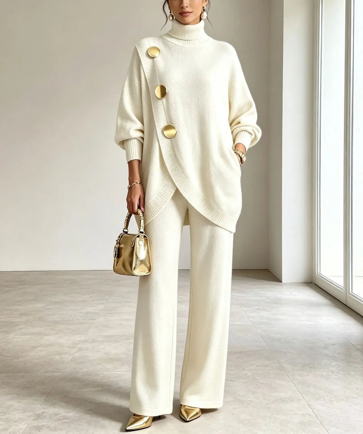 White asymmetric wrap sweater and wide leg pants set, front view