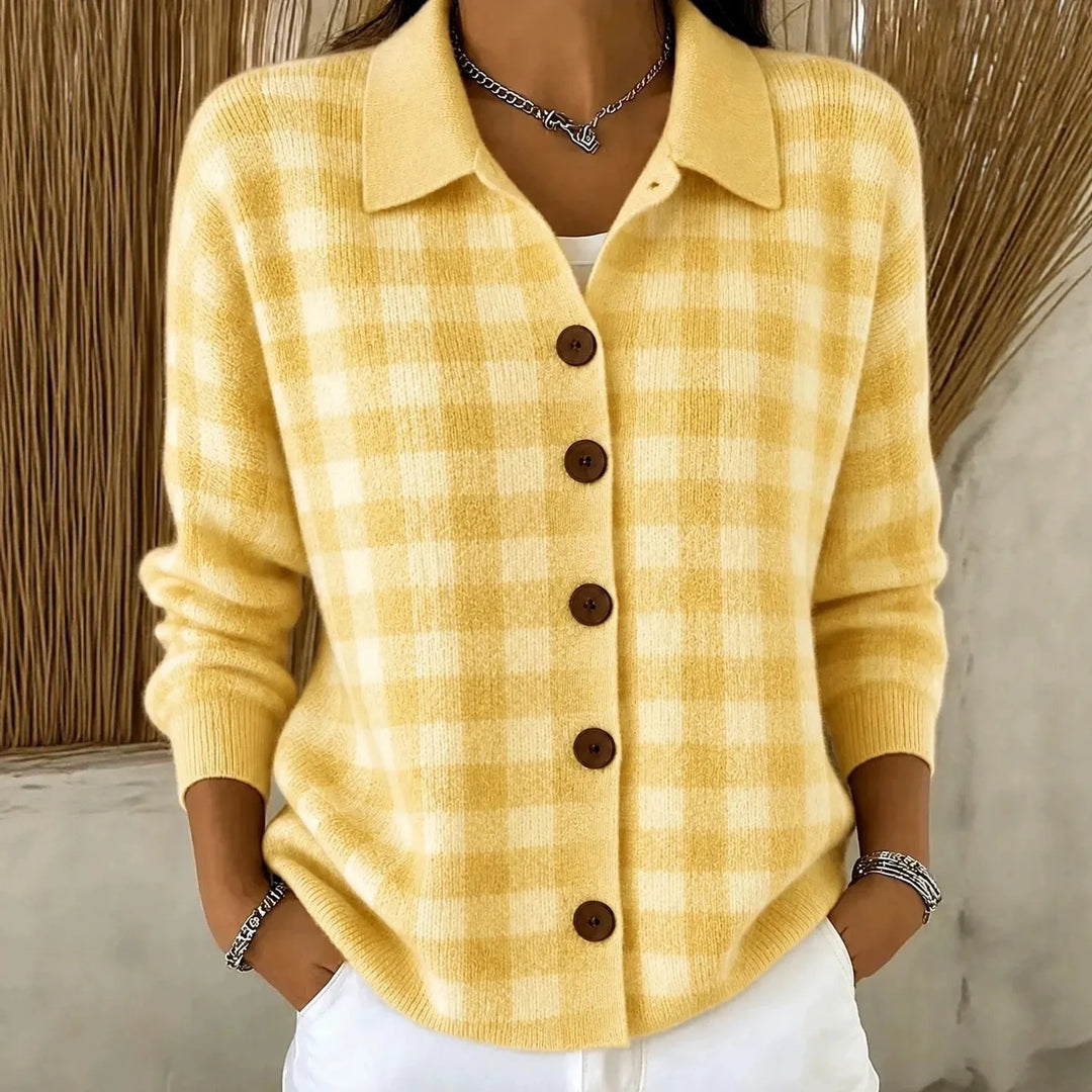Woman wearing yellow plaid knit button-front cardigan with point collar