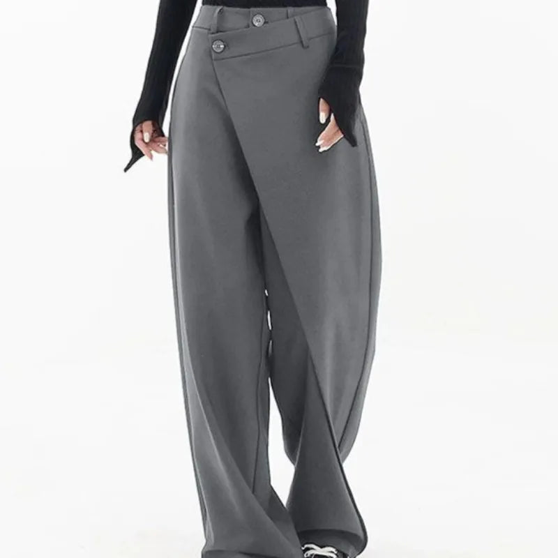 Grey wide leg trousers with asymmetric wrap front, close front view