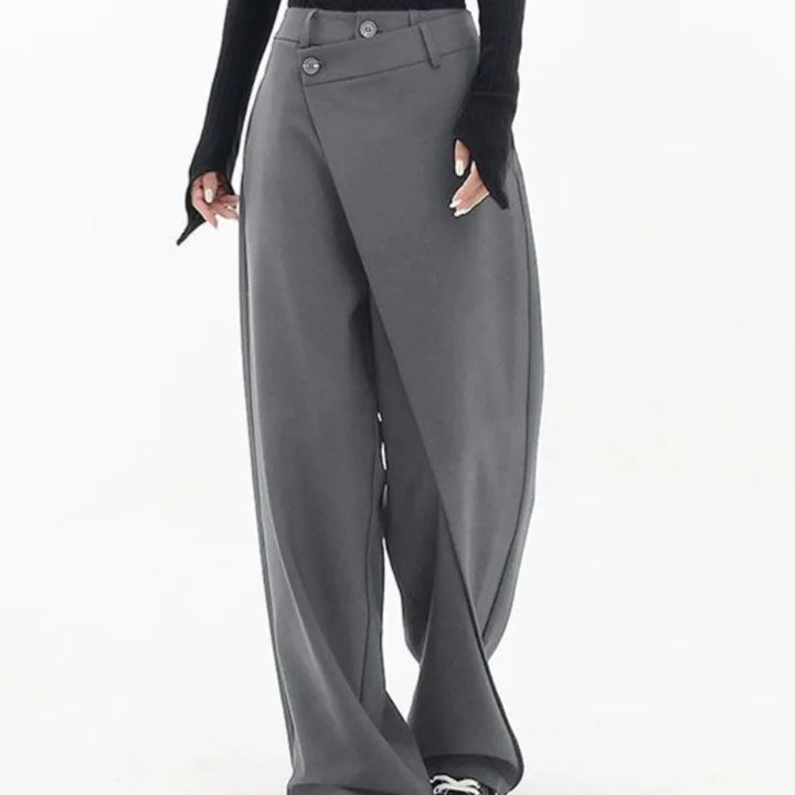 Grey wide leg trousers with asymmetric wrap front, close front view