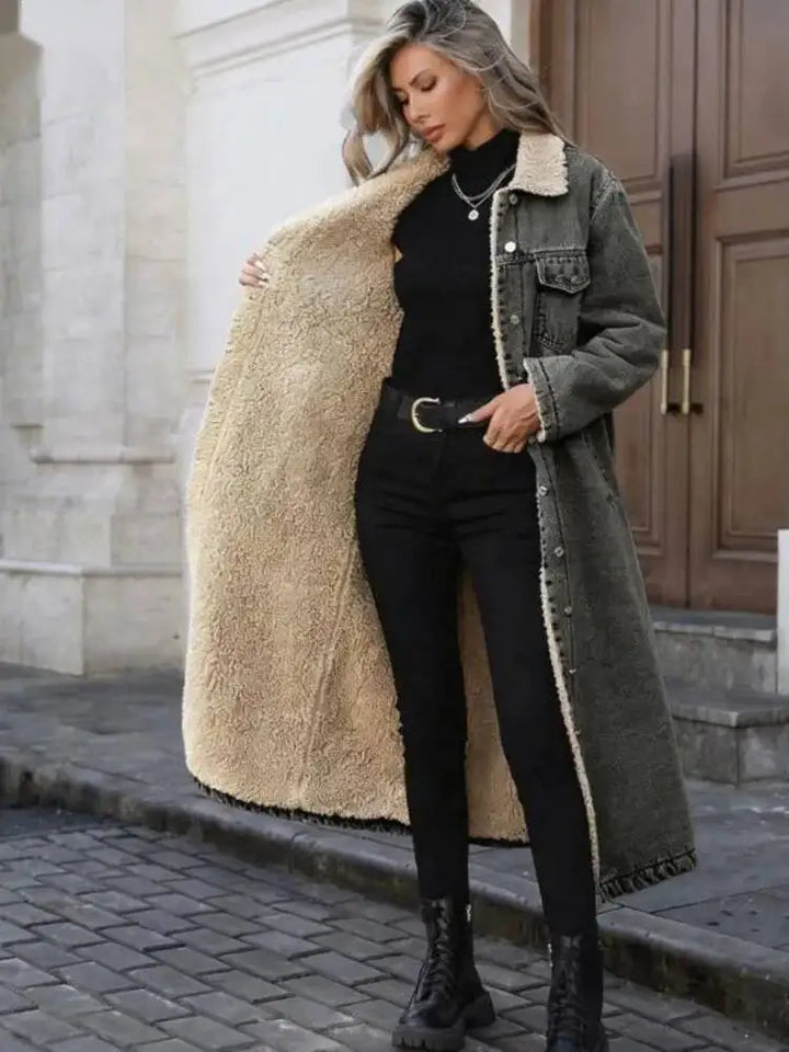 Gray denim long coat open showing sherpa fleece lining