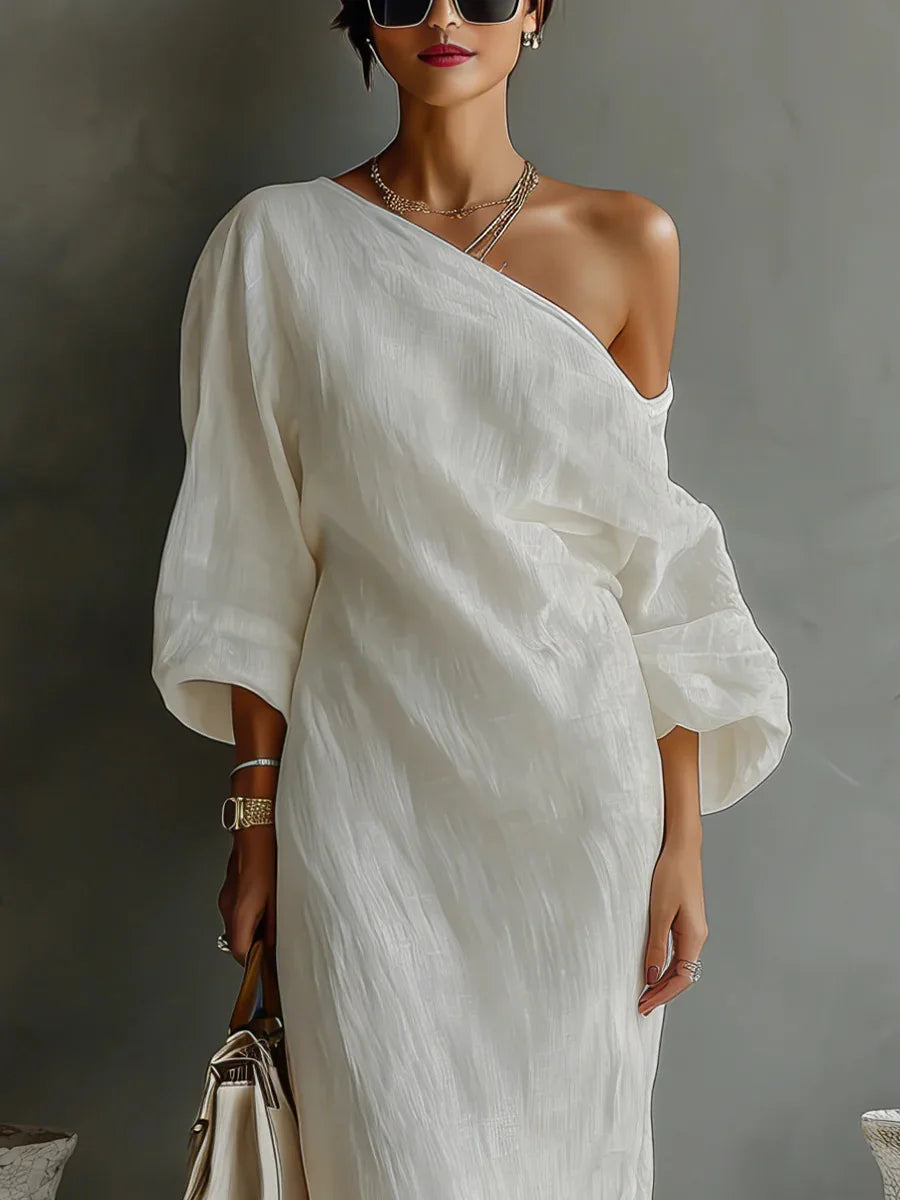 white one shoulder puff sleeve dress White Floral One Shoulder Evening Gown Puff Sleeve