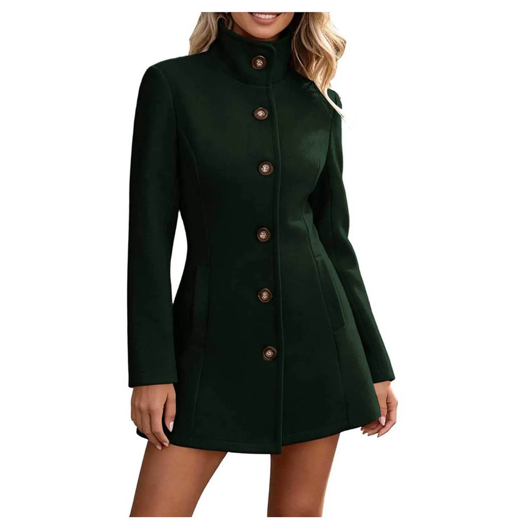 Dark green stand collar wool coat with button front