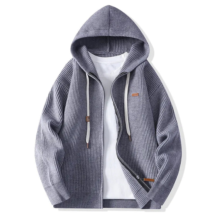 Gray ribbed knit hooded cardigan with front zip