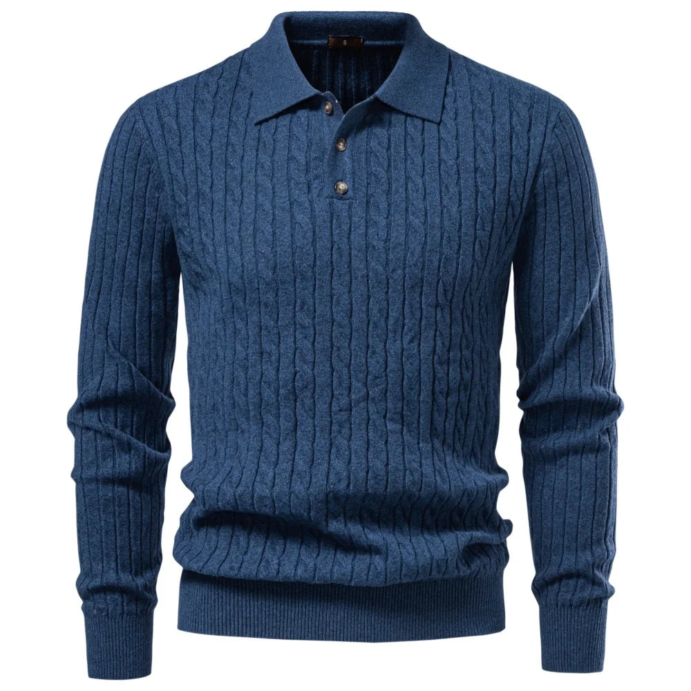 Blue cable knit polo sweater flat lay