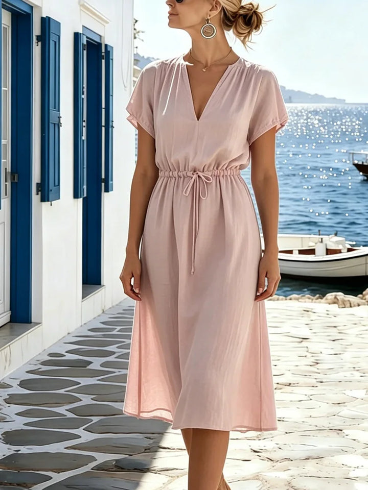 Amora Elegant V Neck Gathered Waist Midi Dress