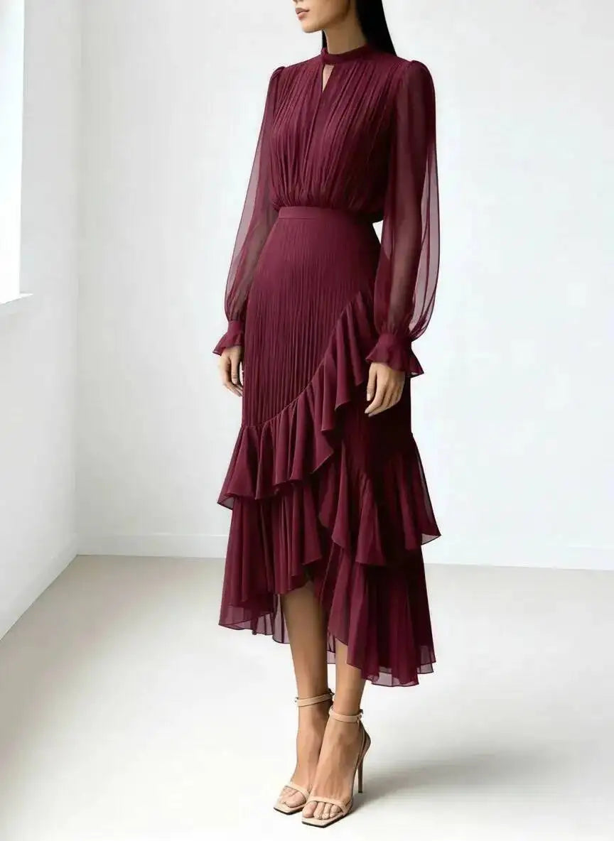 Amelie Pleated Ruffle Midi Dress