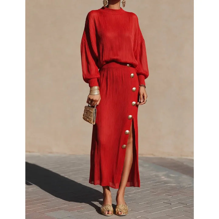 Woman in red ribbed sweater dress with button side slit, front view