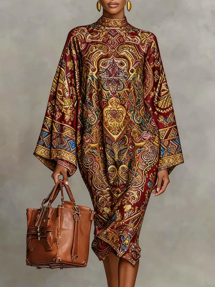 Woman wearing burgundy paisley print kaftan midi dress, front view