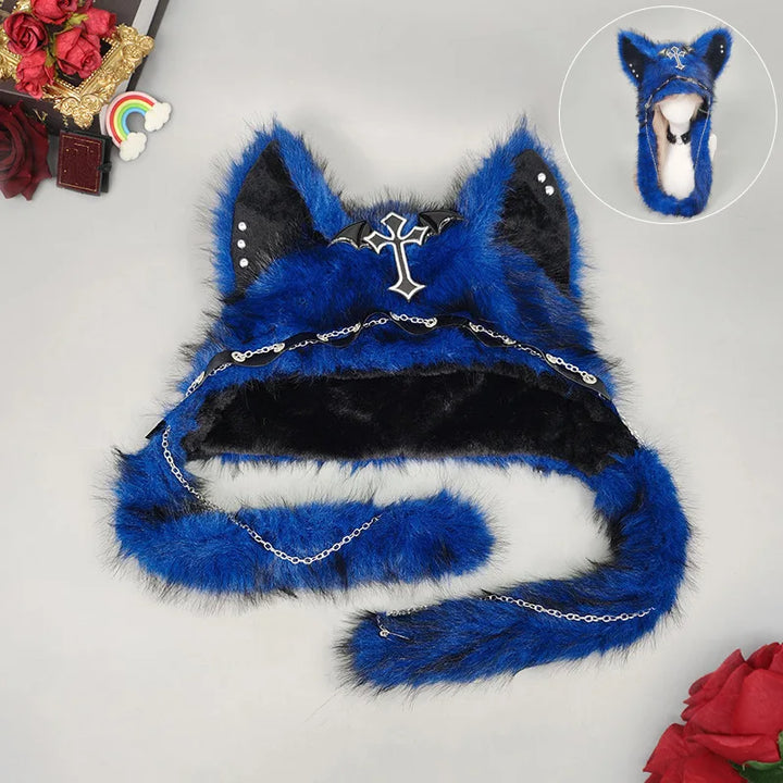 Blue faux fur cat ear hat with chain trim and cross charm
