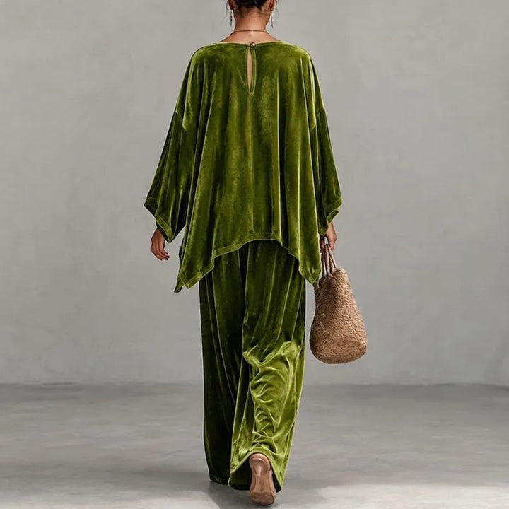 Green velvet two piece set shown from the back with keyhole closure