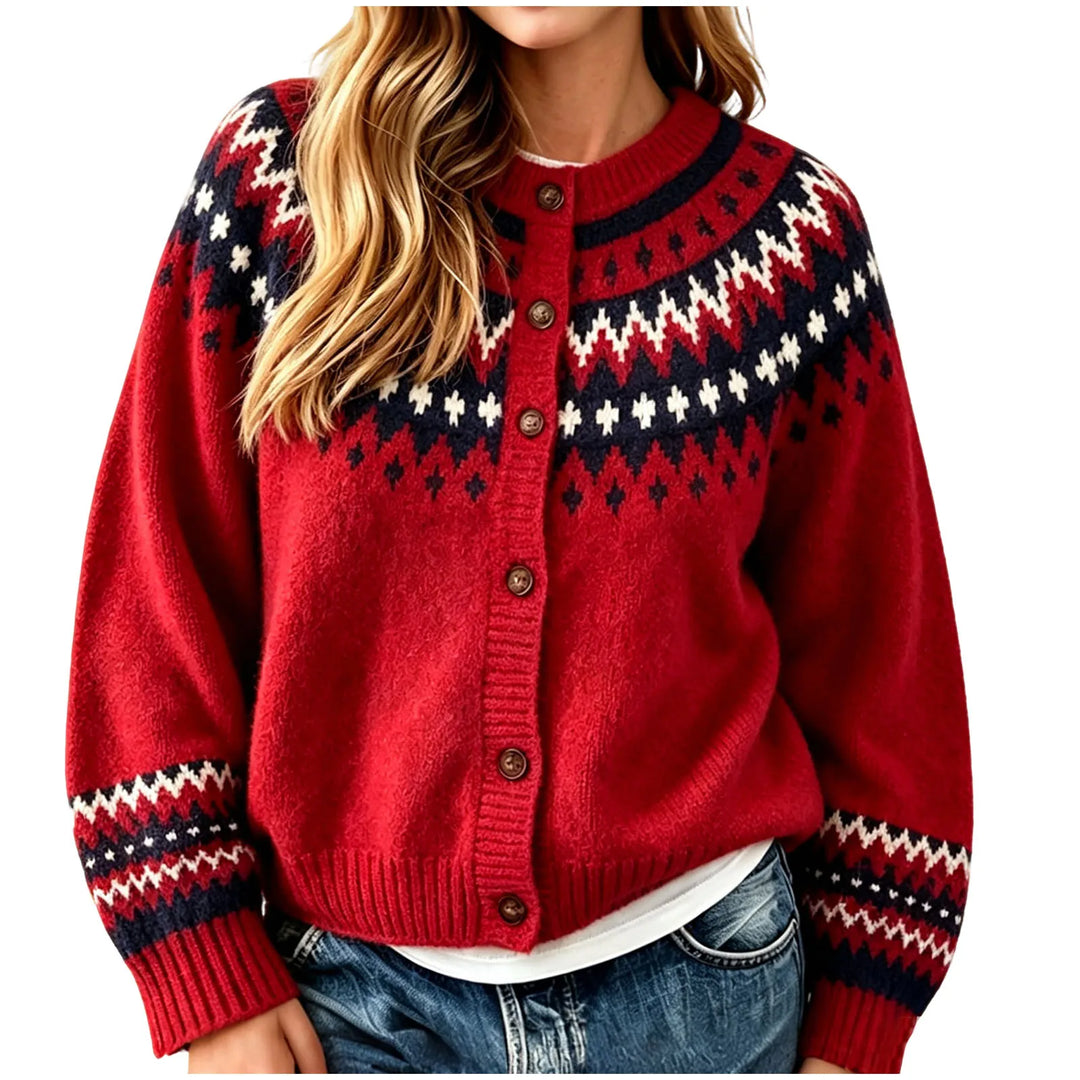 Close up of red fair isle cardigan with button front