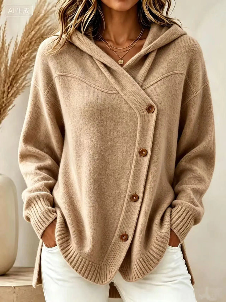 Khaki hooded knit cardigan with wooden button front