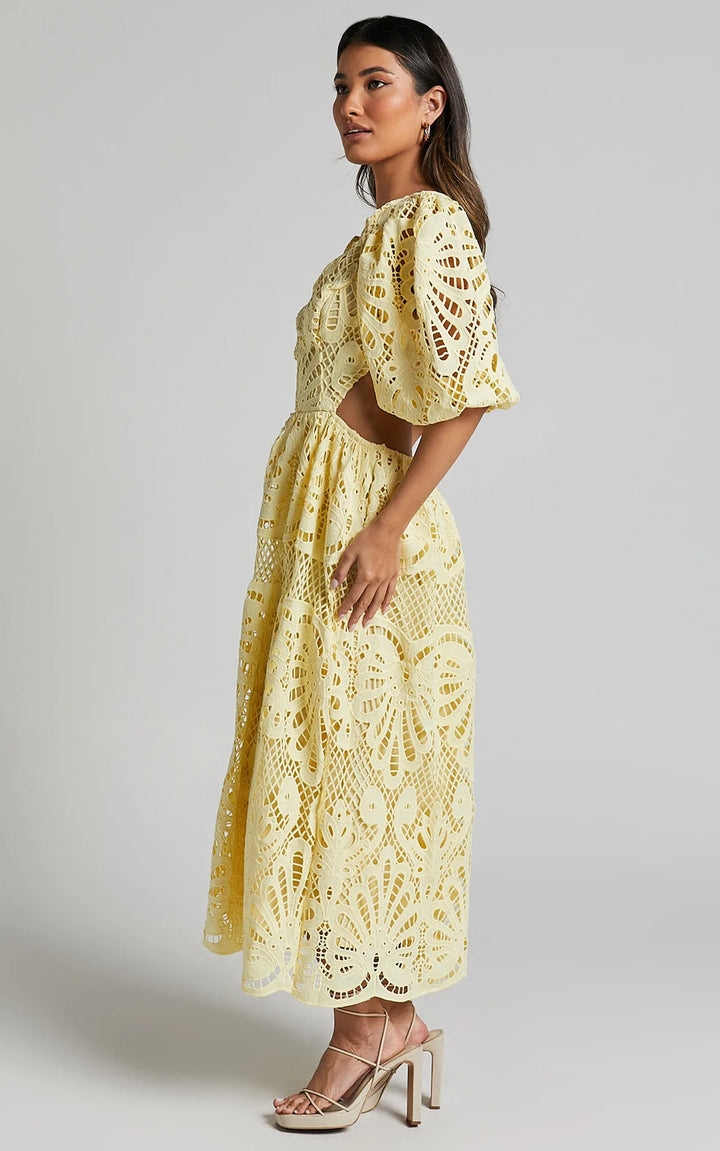 Vera Puff Sleeve Embroidered Lace Midi Dress