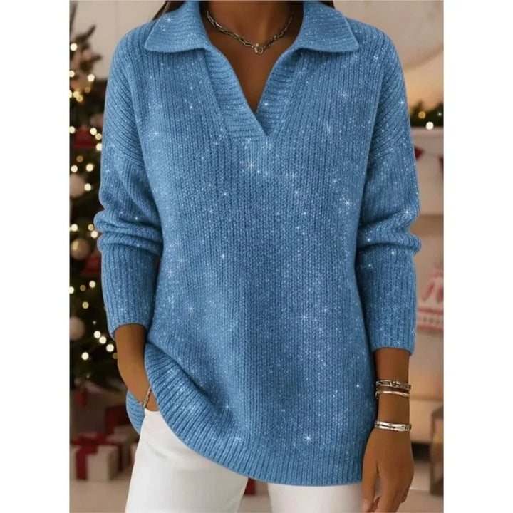 Woman wearing light blue ribbed knit pullover sweater with notched collar