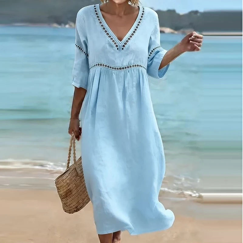 Brenna Hollow Trim V-Neck Midi Dress