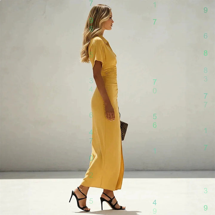Avery Elegant Ruched Split Midi Dress