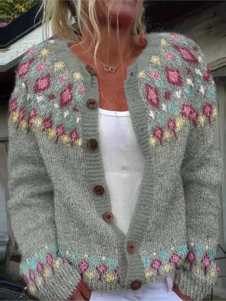 Gray knit cardigan with floral patterned yoke