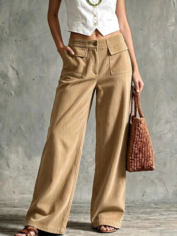 Khaki corduroy wide leg pants front detail view
