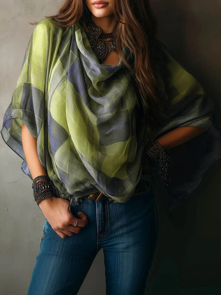 Brielle Draped Plaid Chiffon Blouse