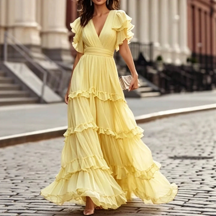 Yellow tiered ruffle maxi dress with V-neckline, front view