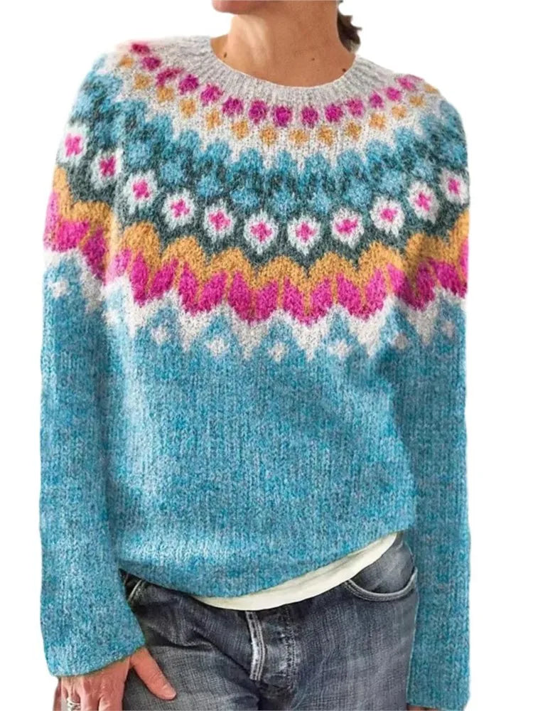Sky blue Fair Isle sweater with colorful patterned yoke
