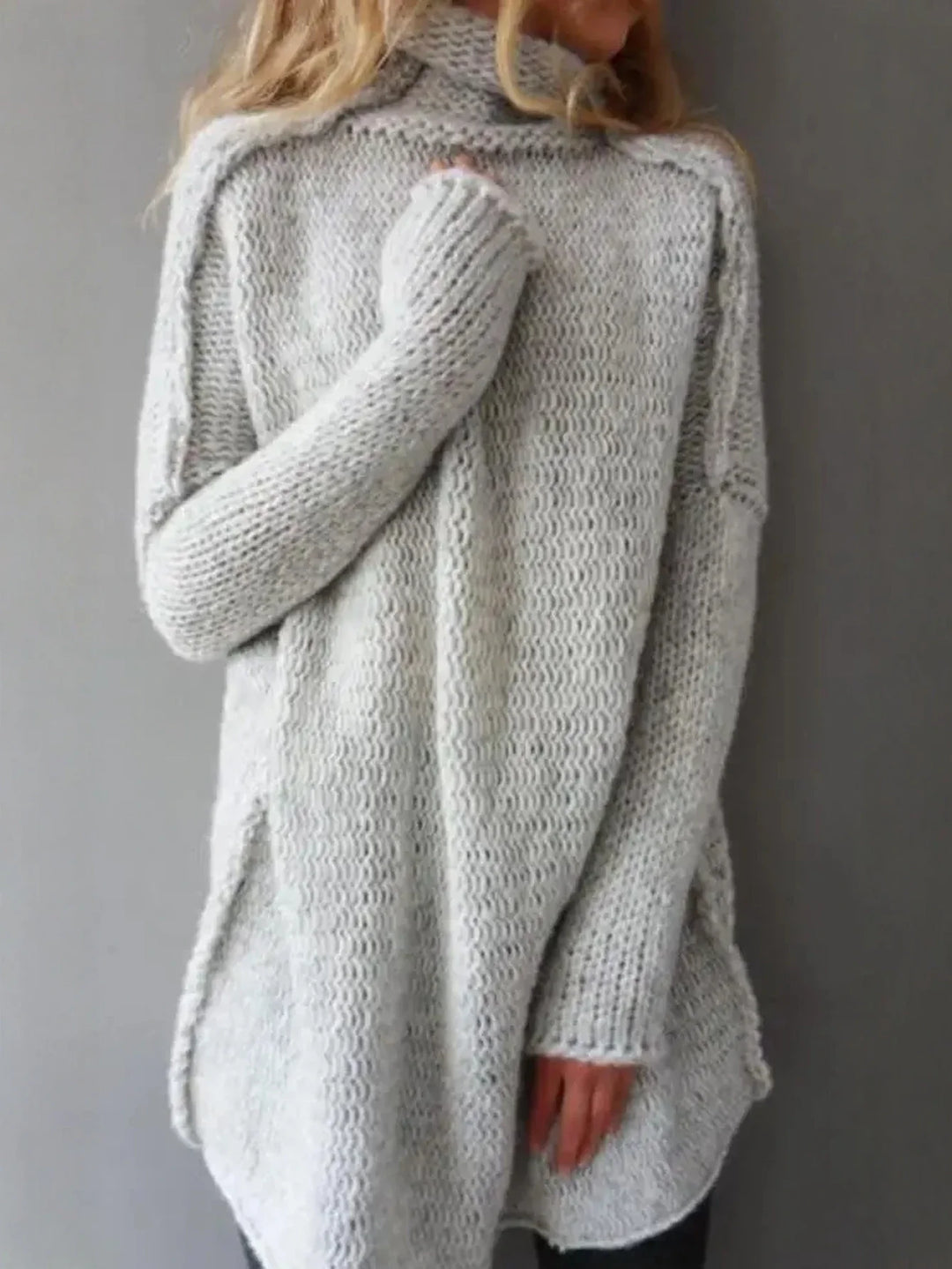 Gray turtleneck sweater back view on model