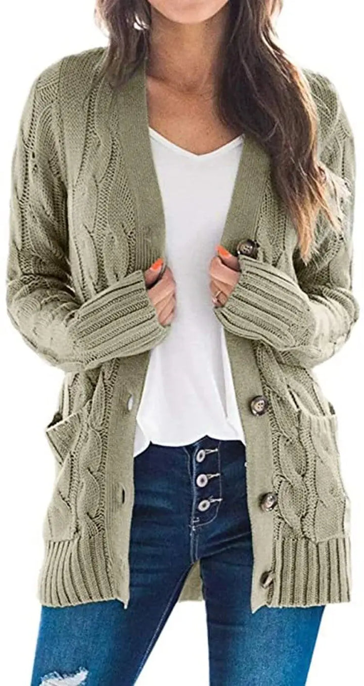 Woman wearing light army green cable knit cardigan