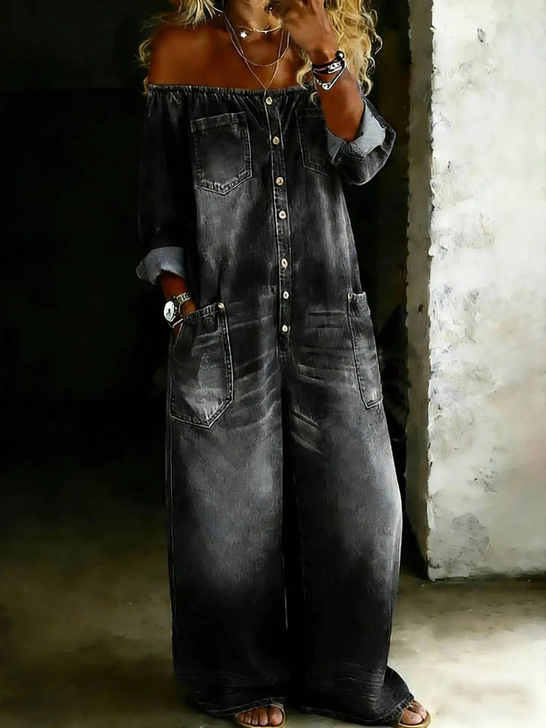 Annie Off Shoulder Denim Jumpsuit
