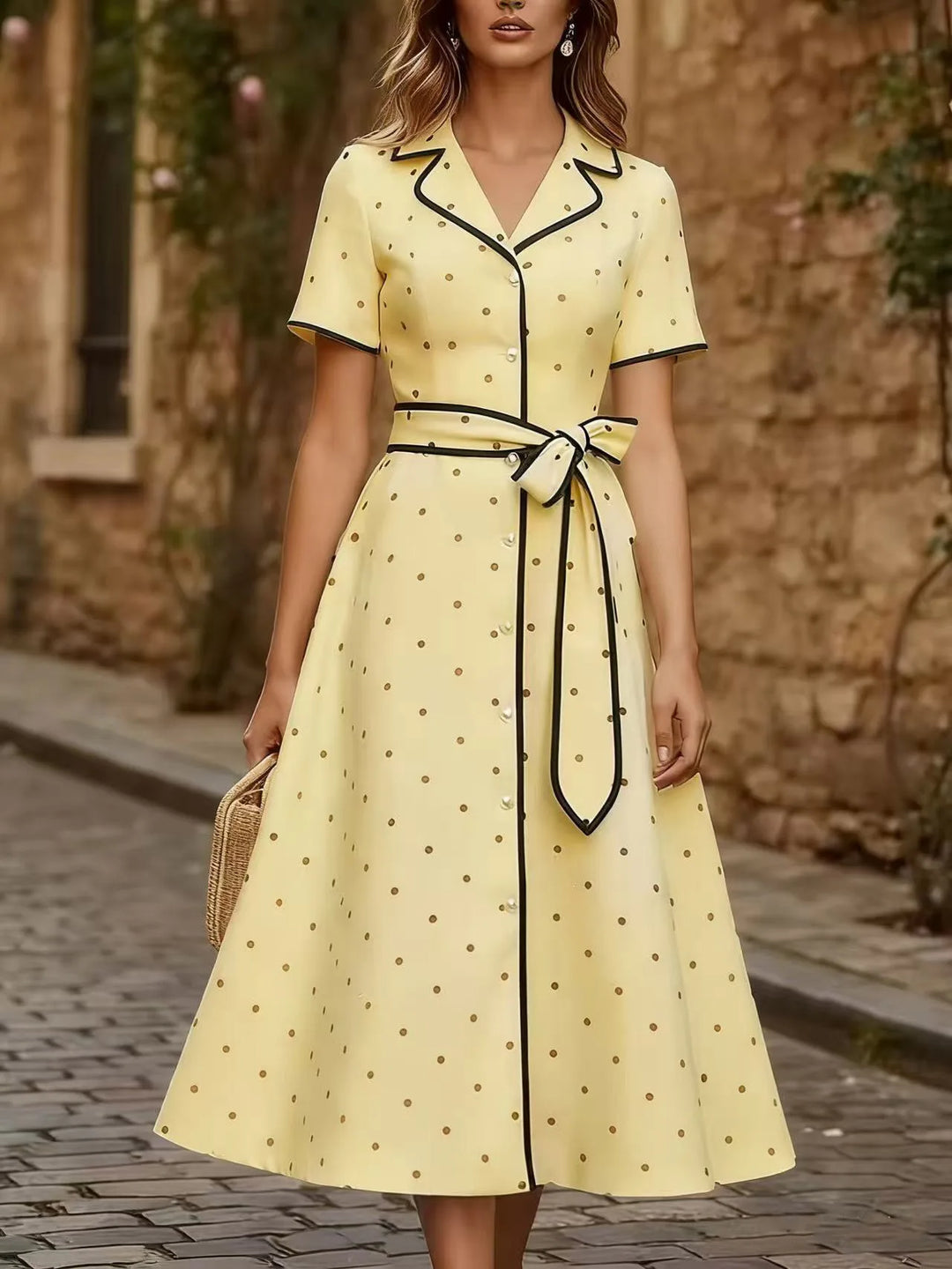 Evangeline Elegant French Polka Dot Midi Dress