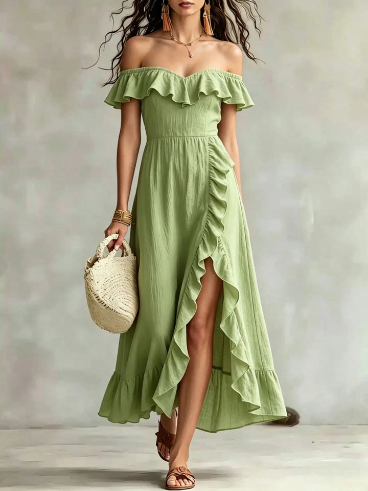 Arabella Off Shoulder Split Hem Maxi Dress