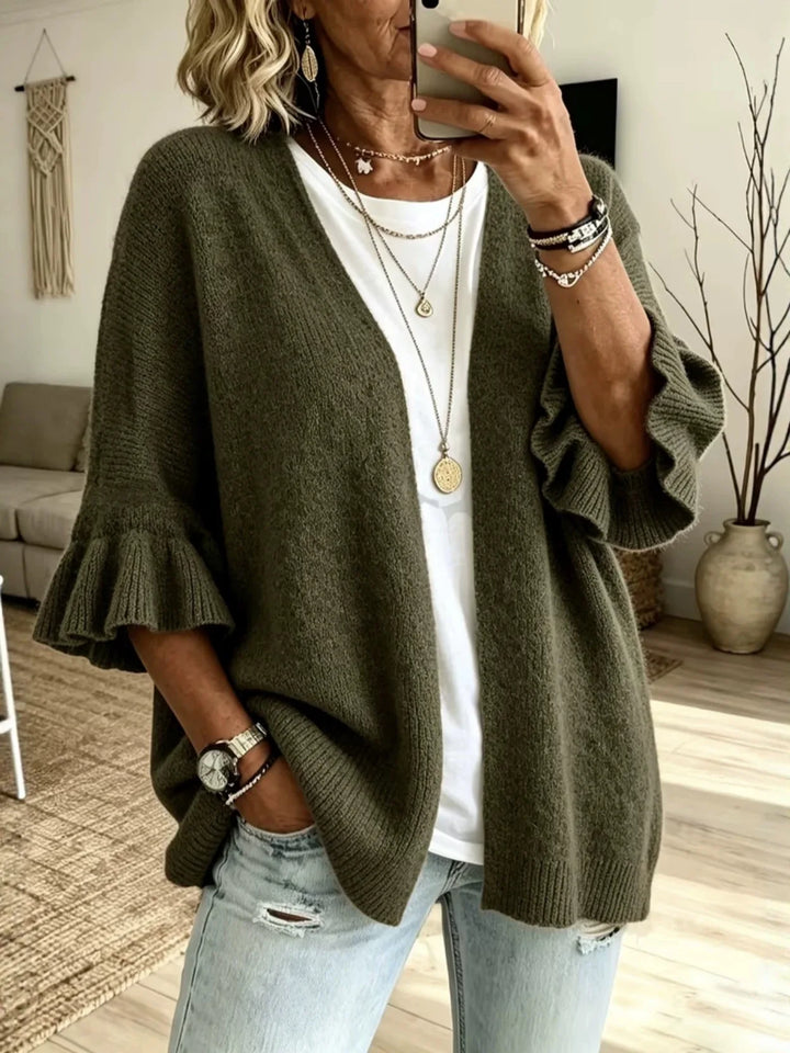Olive green knit cardigan with ruffle flare sleeves, front view