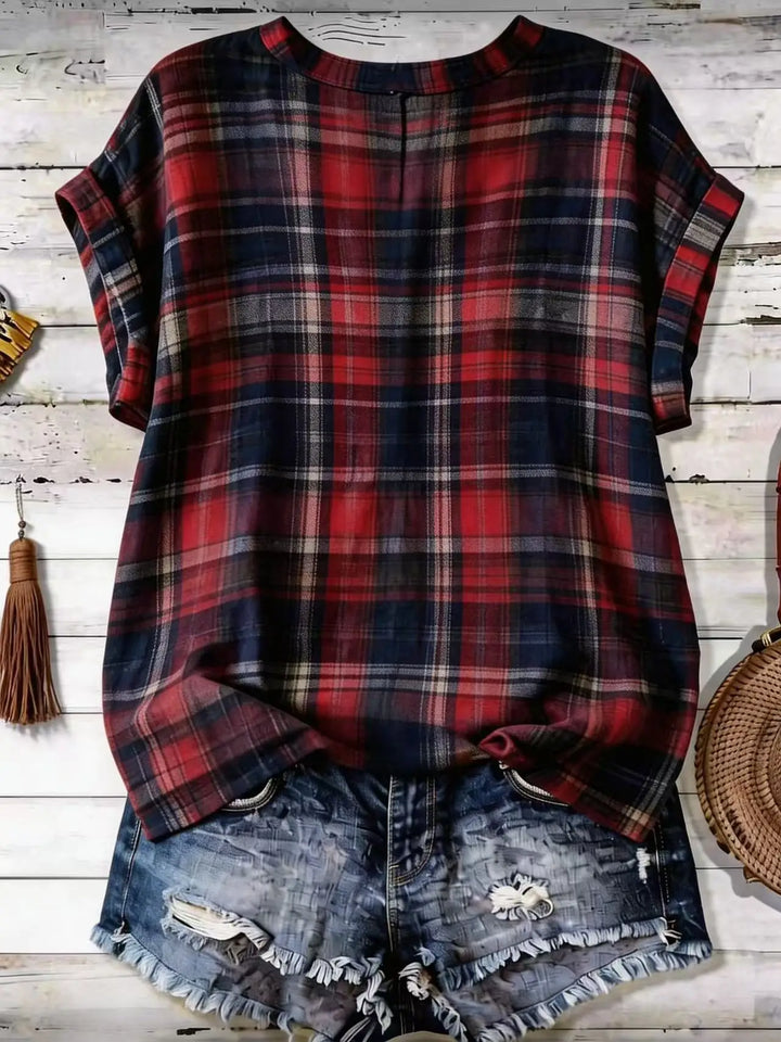 Daphne Plaid V Neck Loose Fit Blouse