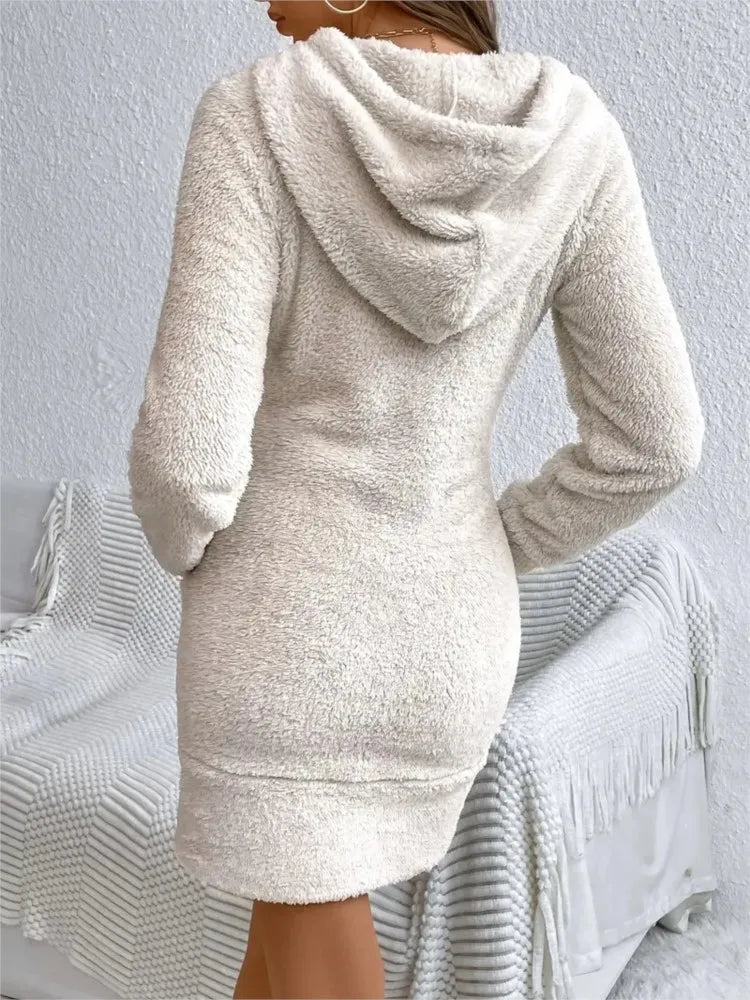 Back view of ivory fuzzy hooded mini dress