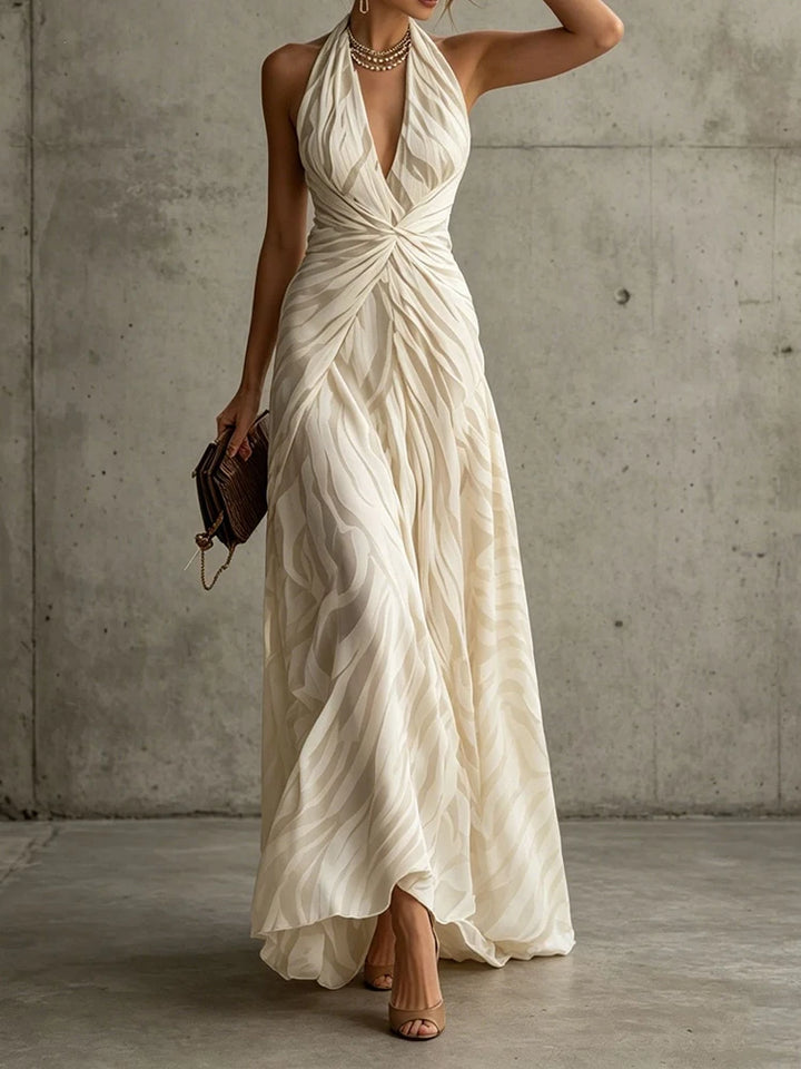 Ivory zebra print halter maxi dress front view