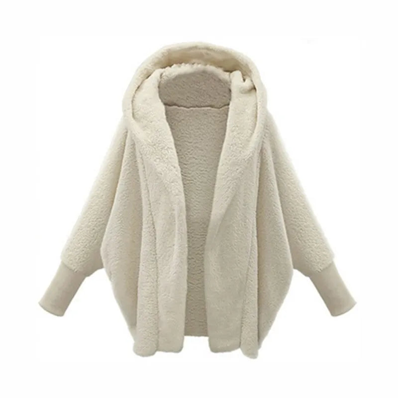 White hooded fleece coat with batwing sleeves, front view