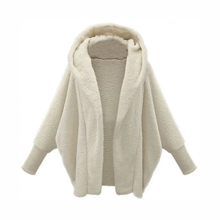 White hooded fleece coat with batwing sleeves, front view